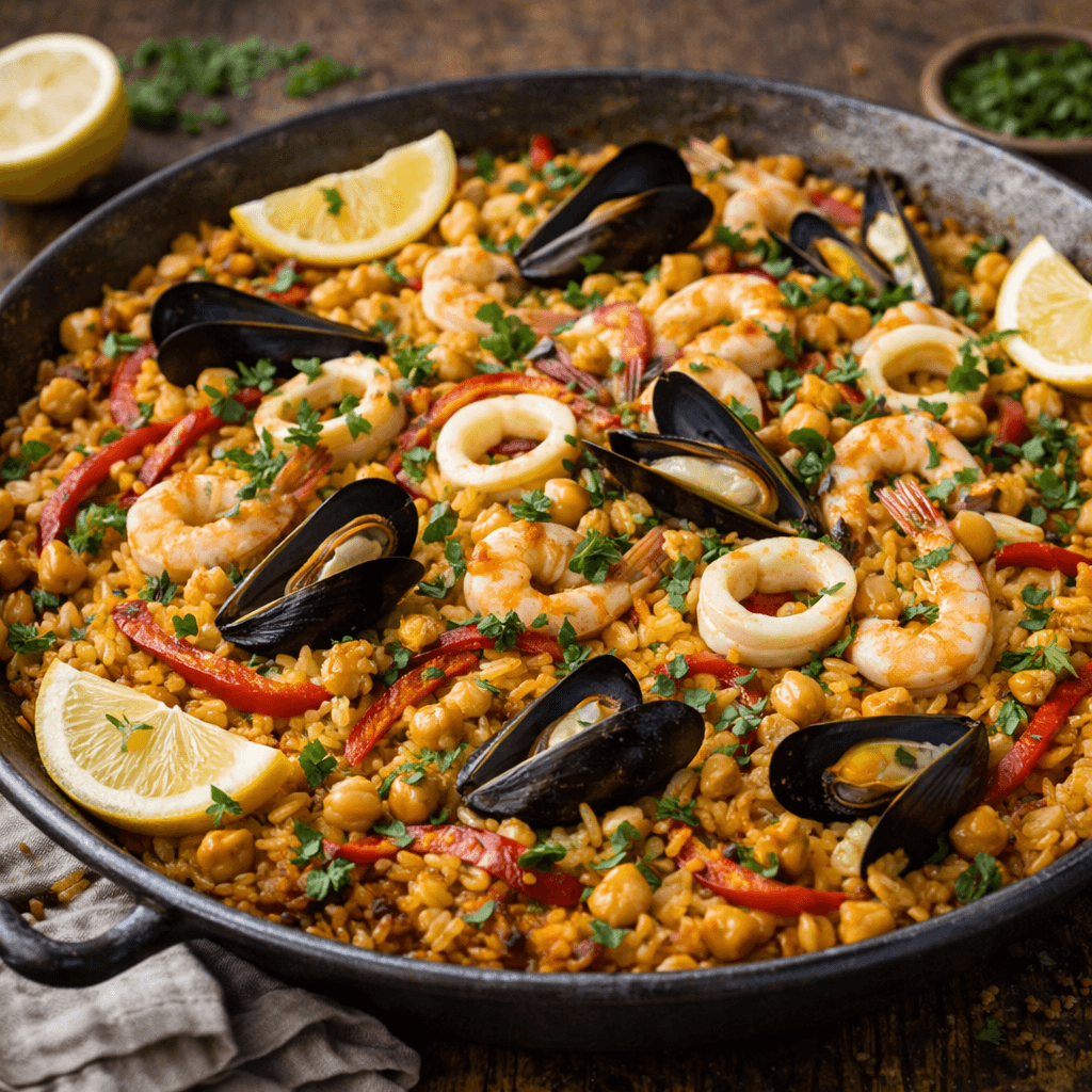 Safranlı ve Nohutlu Deniz Mahsullü Paella