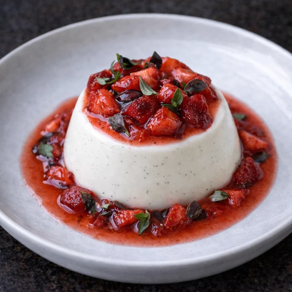 Vanilyalı Panna Cotta & Reyhanlı Çilek Komposto