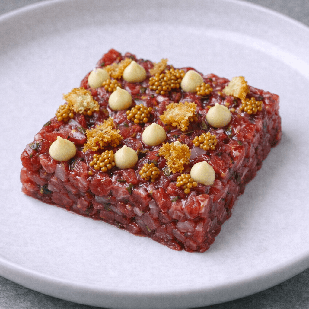 Beef Tartare & Bone Marrow Emulsion & Pickled Mustard Seeds