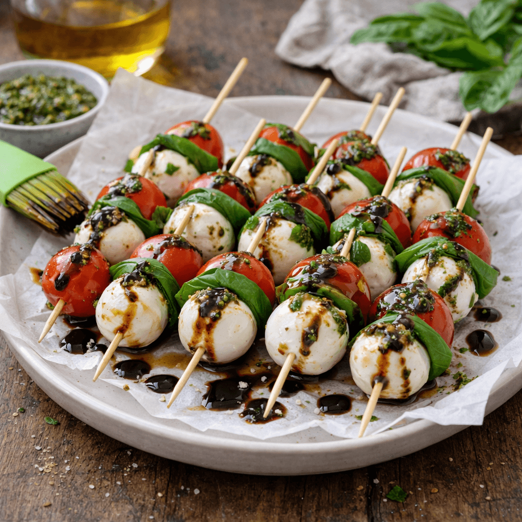 Pesto Soslu ve Balzamikli Caprese Şişleri